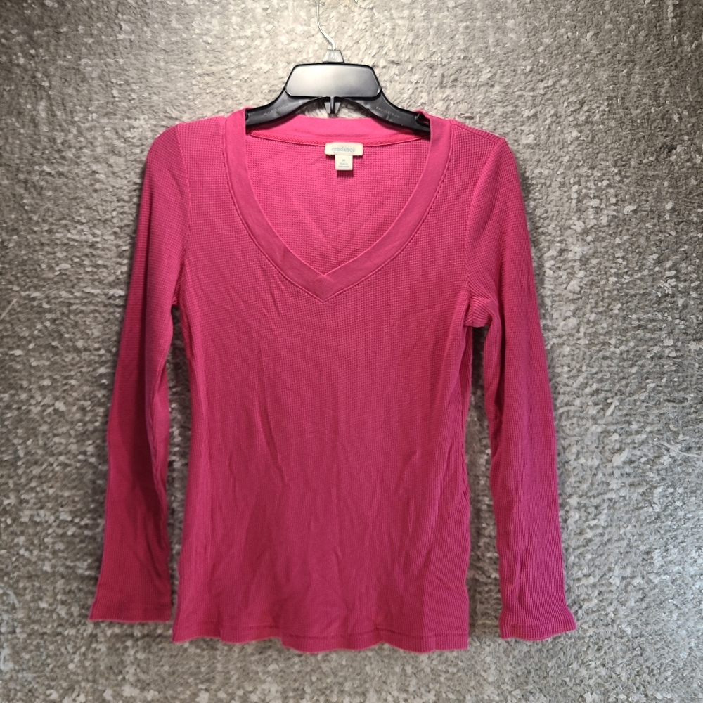 Sundance Women's Waffle Knit V-Neck Long Sleeve Top Medium Pink Cotton Modal
